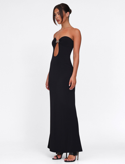 Strapless Teardrop Cutout Metal Disc Hardware Column Maxi Dress
