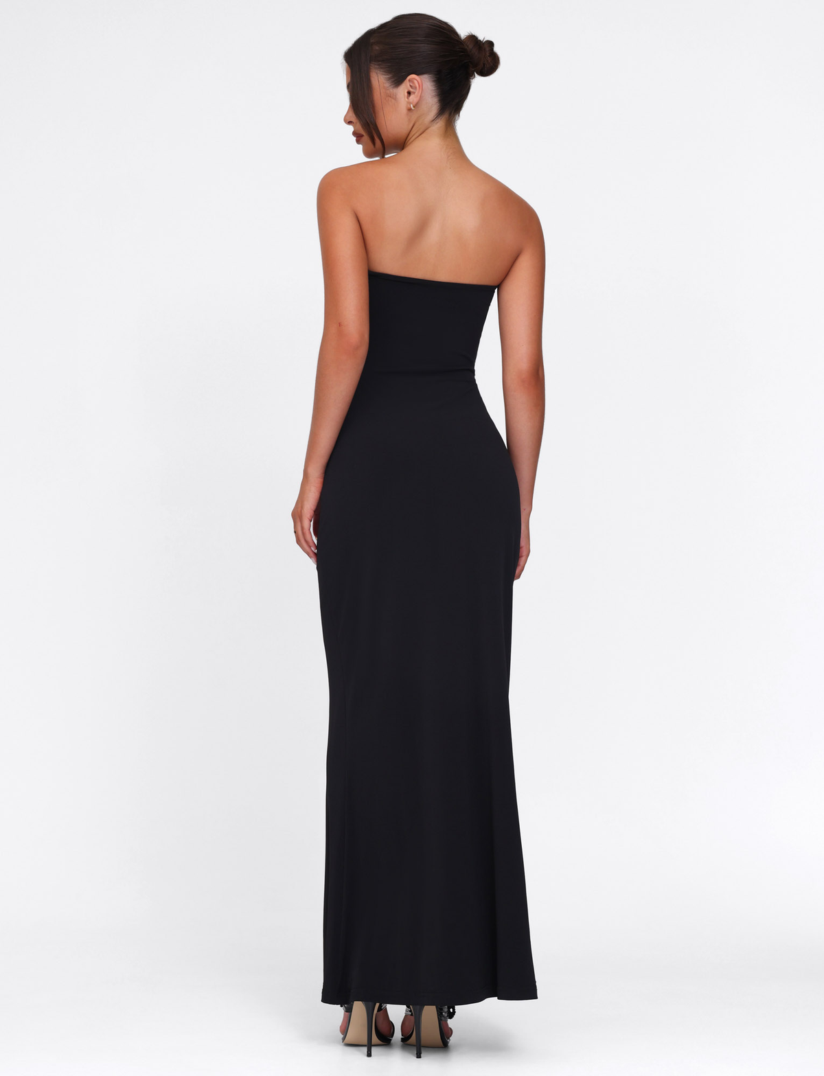 Strapless Teardrop Cutout Metal Disc Hardware Column Maxi Dress
