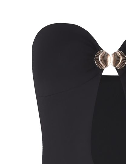 Strapless Teardrop Cutout Metal Disc Hardware Column Maxi Dress