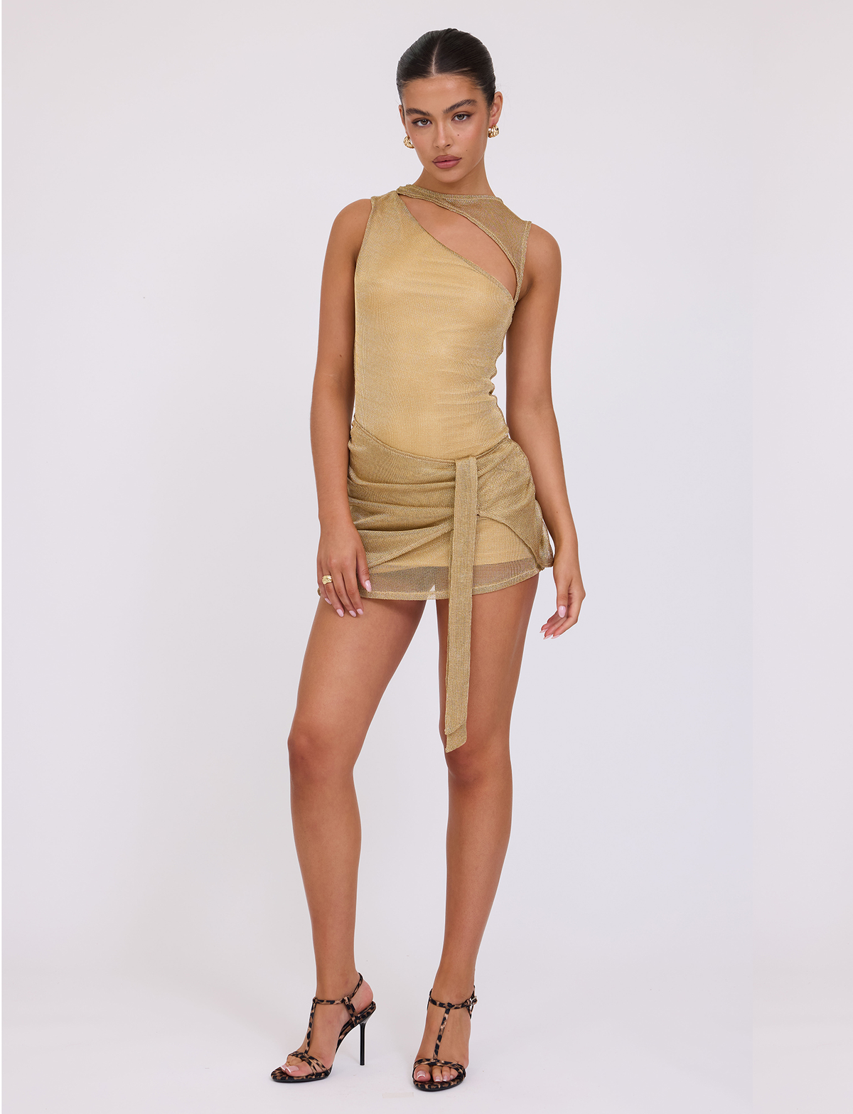 Asymmetrical Cutout Metallic Glitter Wrap Tie Side Ruched Mini Dress
