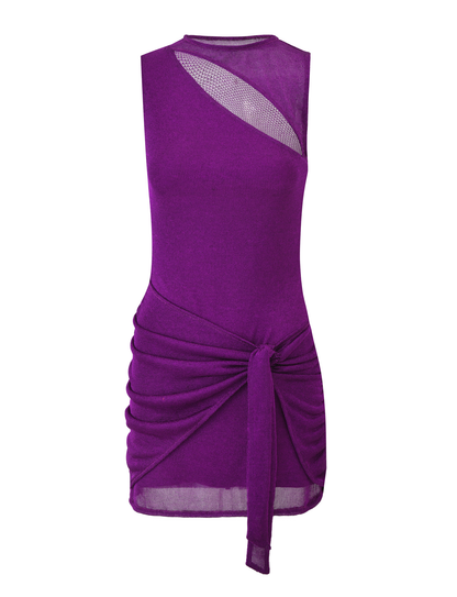 Metallic Shimmer Asymmetric Cutout High Neck Side Tie Ruched Mini Dress