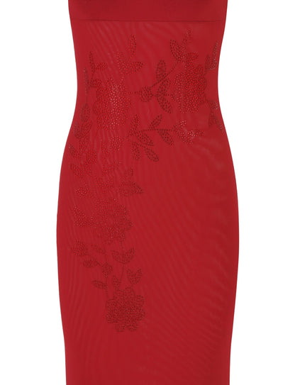 Spaghetti Strap Floral Embroidered Side Cascade Maxi Gown