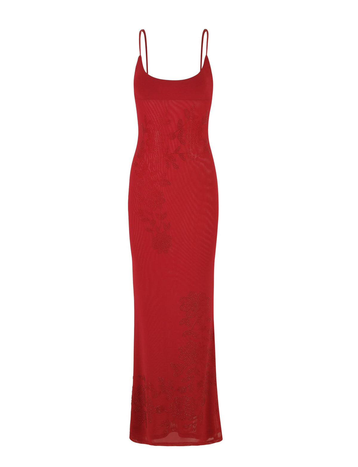 Spaghetti Strap Floral Embroidered Side Cascade Maxi Gown