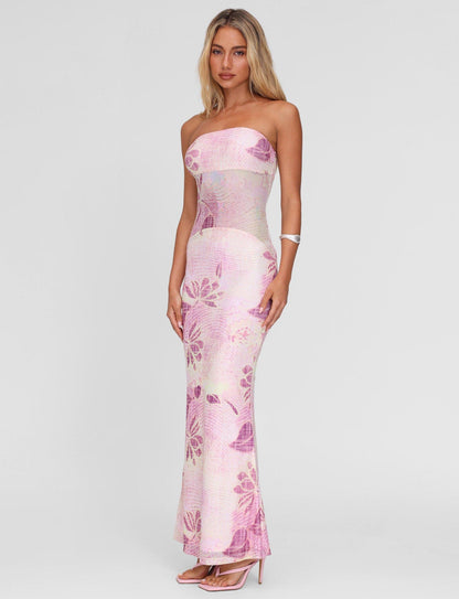 Strapless Floral Print Bodycon Tube Maxi Dress