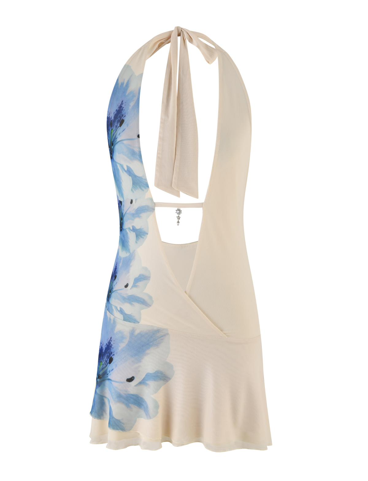 Asymmetric Floral Print Halter Plunge Charm Detail Lettuce Hem Mini Dress