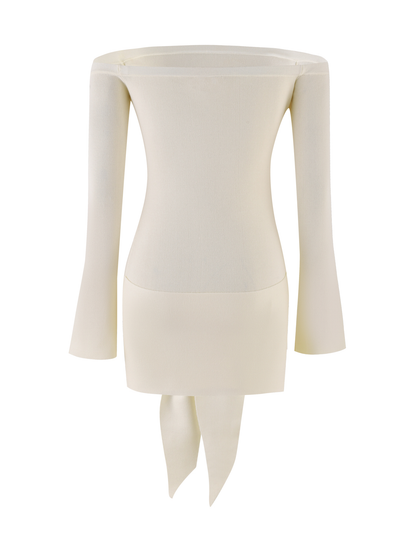 Off Shoulder Long Sleeve Rib Knit Tie Front Mini Dress
