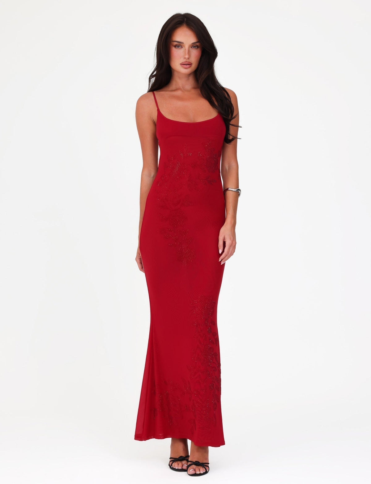 Spaghetti Strap Floral Embroidered Side Cascade Maxi Gown