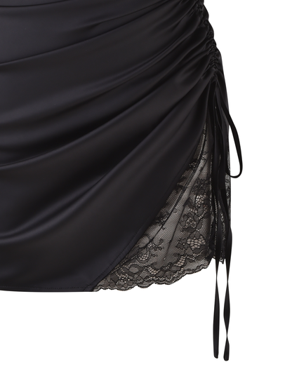 V-Neck Spaghetti Strap Side Ruched Drawstring Lace Insert Satin Mini Dress