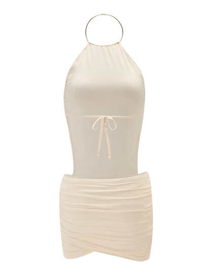 Halter Pleated Bodice Side Cutout Ruched Wrap Bodycon Mini Dress