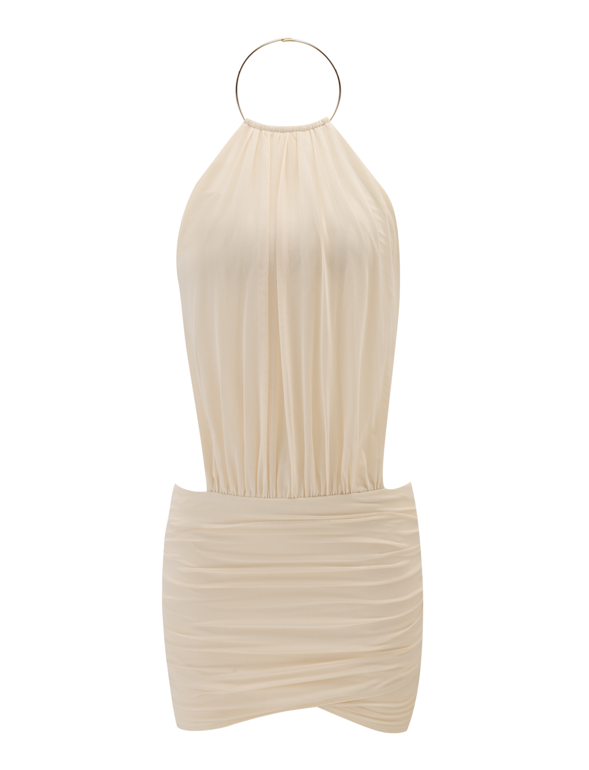 Halter Pleated Bodice Side Cutout Ruched Wrap Bodycon Mini Dress