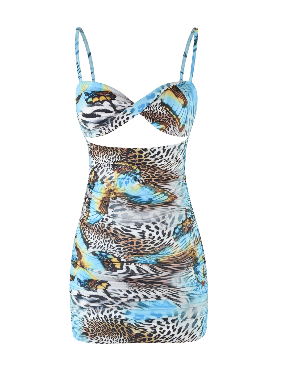Spaghetti Strap Twist Front Cutout Ruched Butterfly Mixed Print Bodycon Mini Dress