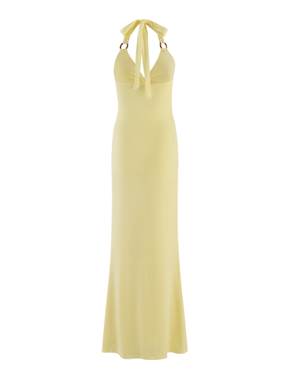 Ring Hardware Twist Front Halter Neck Bodycon Maxi Dress