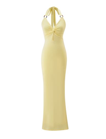 Ring Hardware Twist Front Halter Neck Bodycon Maxi Dress