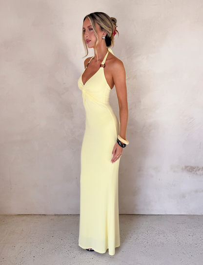 Ring Hardware Twist Front Halter Neck Bodycon Maxi Dress
