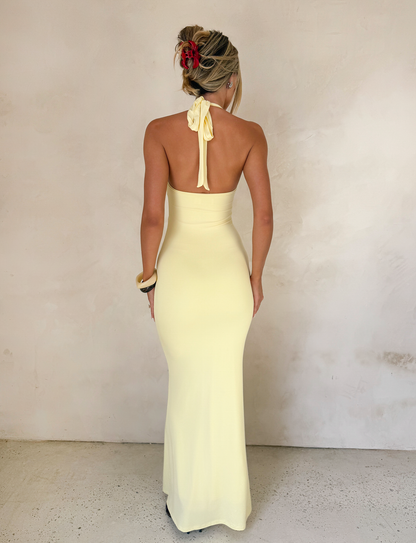 Ring Hardware Twist Front Halter Neck Bodycon Maxi Dress