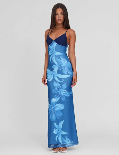 Spaghetti Strap Deep V-Neck Lily Print Mesh Bodycon Maxi Dress