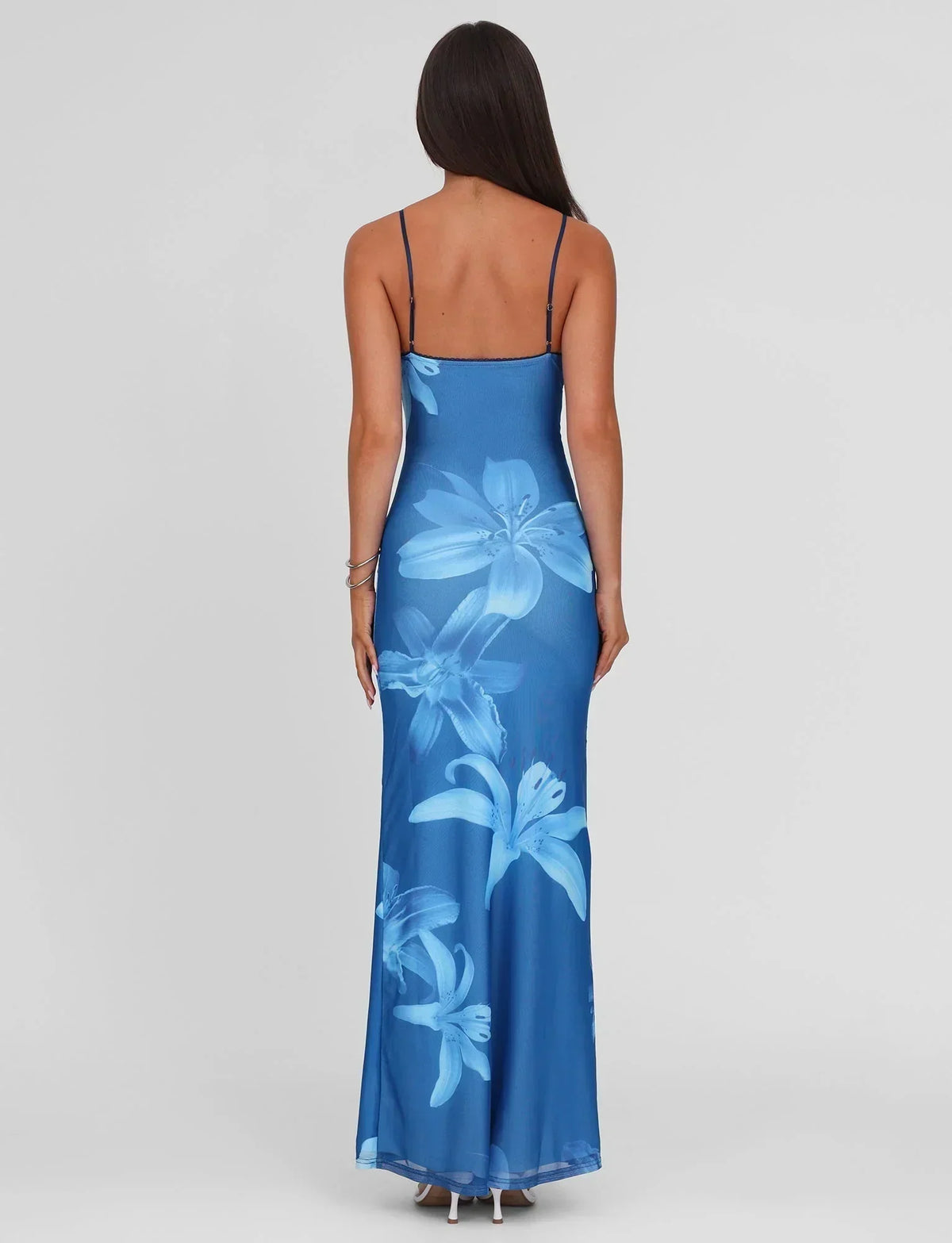 Spaghetti Strap Deep V-Neck Lily Print Mesh Bodycon Maxi Dress