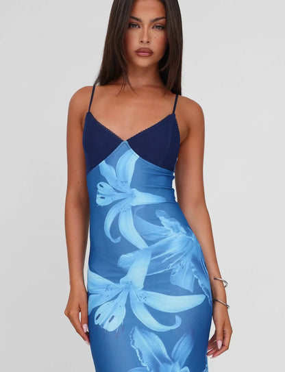 Spaghetti Strap Deep V-Neck Lily Print Mesh Bodycon Maxi Dress