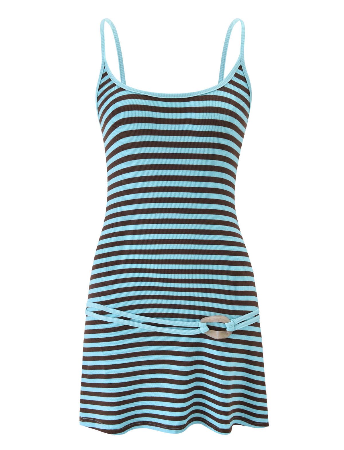Ribbed Horizontal Stripe Spaghetti Strap Belt Buckle Bodycon Mini Dress