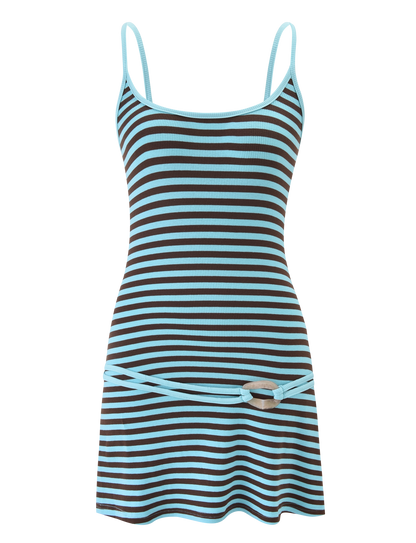 Ribbed Horizontal Stripe Spaghetti Strap Belt Buckle Bodycon Mini Dress