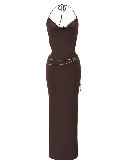 Cowl Neck Halter Side Cutout Bodycon Maxi Dress