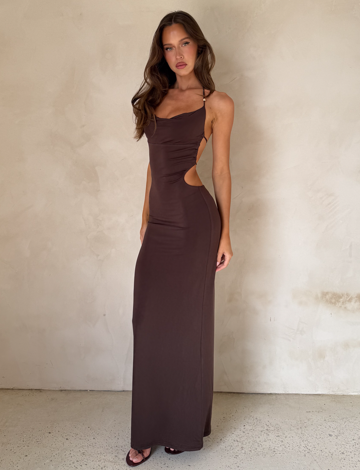 Cowl Neck Halter Side Cutout Bodycon Maxi Dress