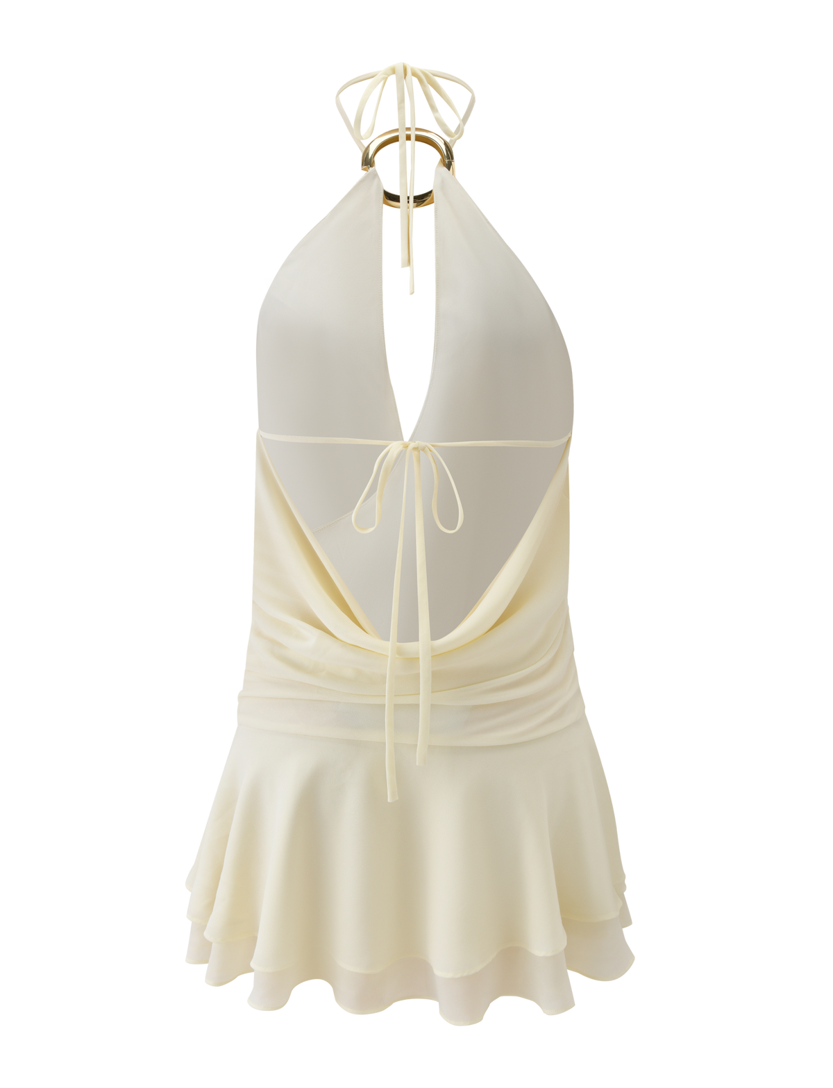 Halter O-Ring Plunge V-Neck Draped Knot Ruffle Tier Mini Dress
