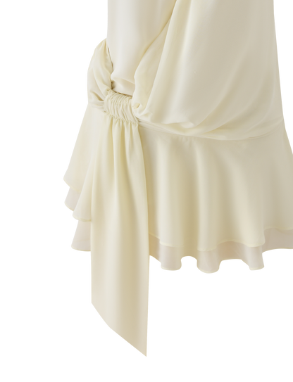 Halter O-Ring Plunge V-Neck Draped Knot Ruffle Tier Mini Dress
