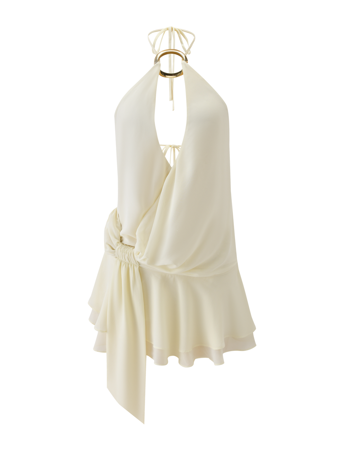 Halter O-Ring Plunge V-Neck Draped Knot Ruffle Tier Mini Dress