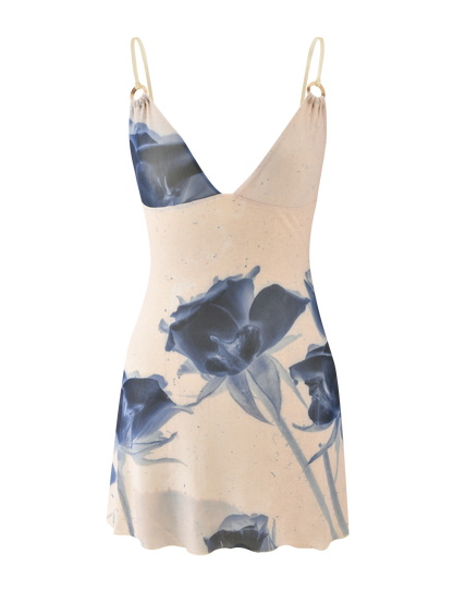 Deep V Spaghetti Strap Oversized Floral Print Bodycon Mini Dress