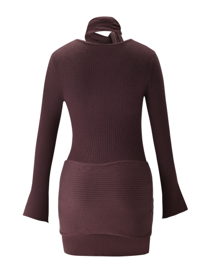 Deep V Neck Ribbed Flared Cuff Waist Draped Mini Dress
