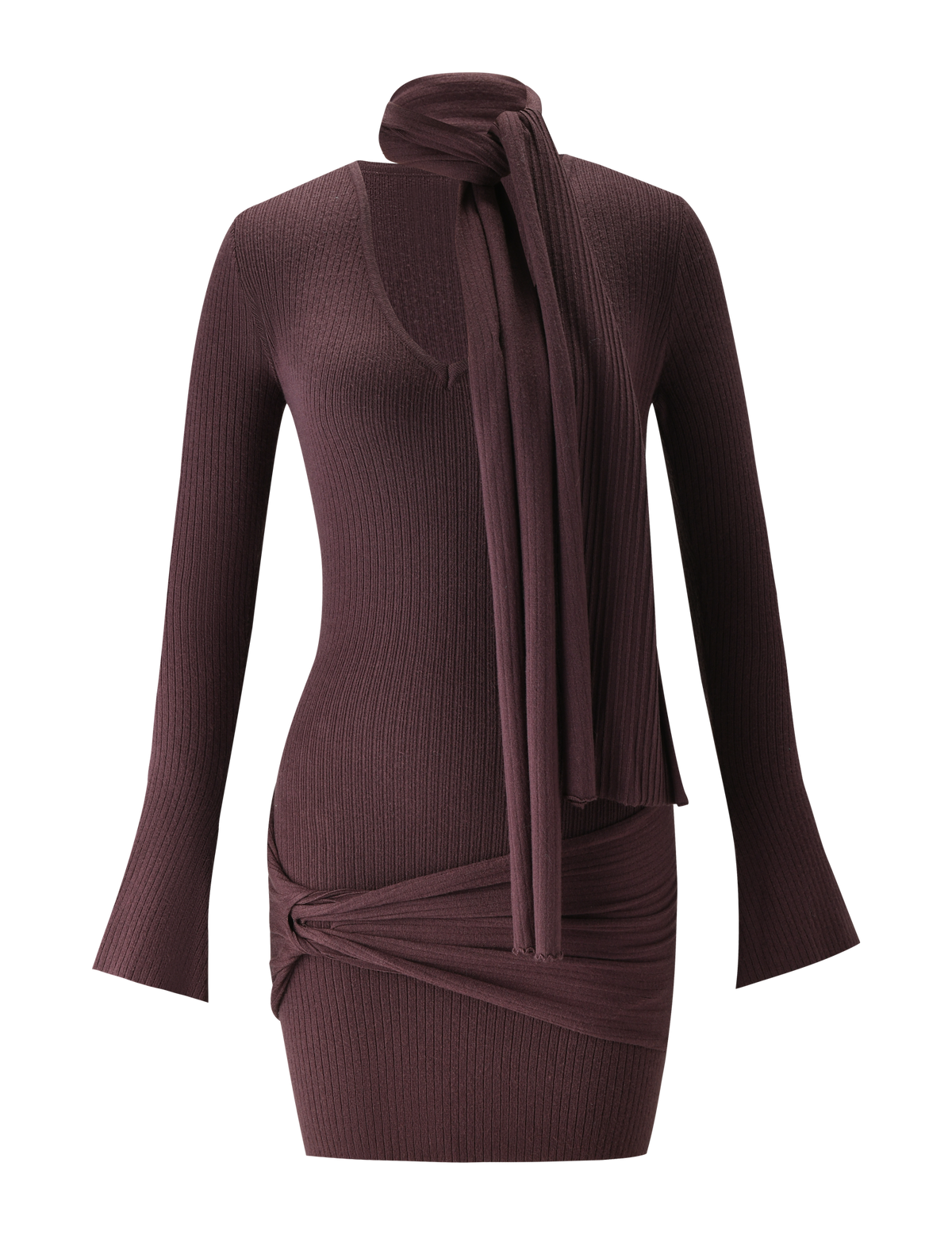 Deep V Neck Ribbed Flared Cuff Waist Draped Mini Dress