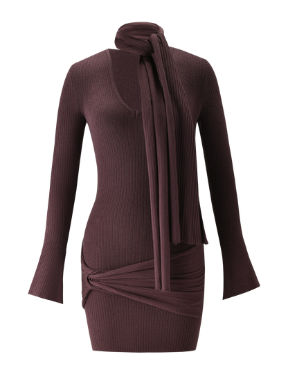 Deep V Neck Ribbed Flared Cuff Waist Draped Mini Dress