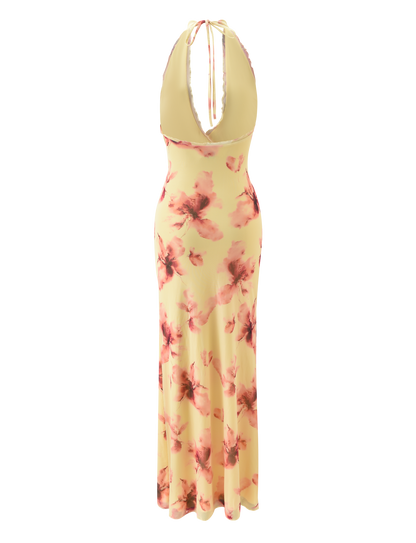 Halter Deep V Floral Print Tie Waist Side Slit Maxi Dress
