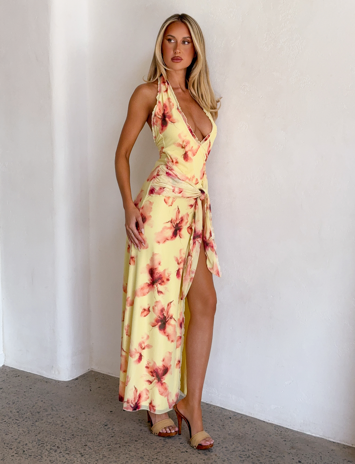 Halter Deep V Floral Print Tie Waist Side Slit Maxi Dress