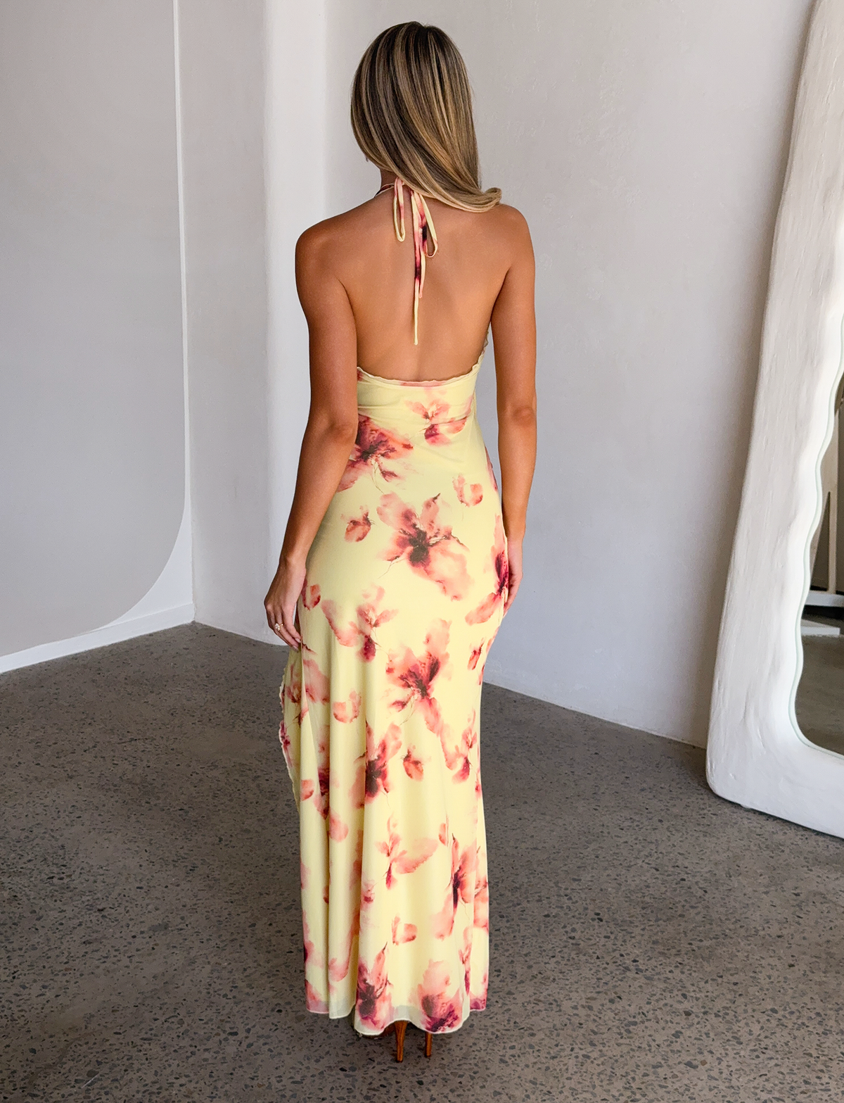 Halter Deep V Floral Print Tie Waist Side Slit Maxi Dress
