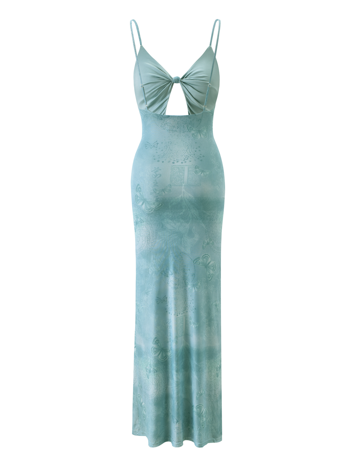 Spaghetti Strap Twist Front Diamond Cutout Butterfly Print Bodycon Maxi Dress