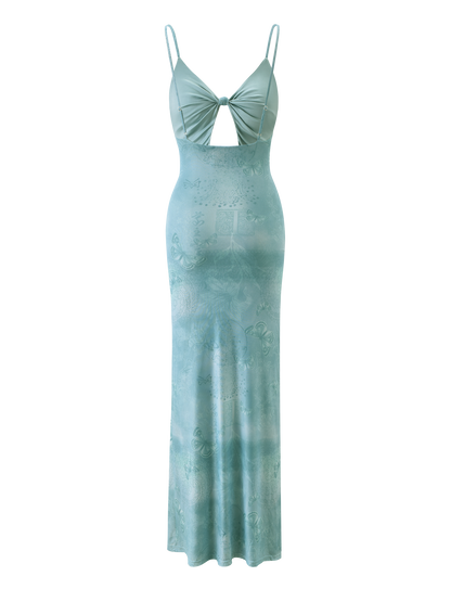 Spaghetti Strap Twist Front Diamond Cutout Butterfly Print Bodycon Maxi Dress