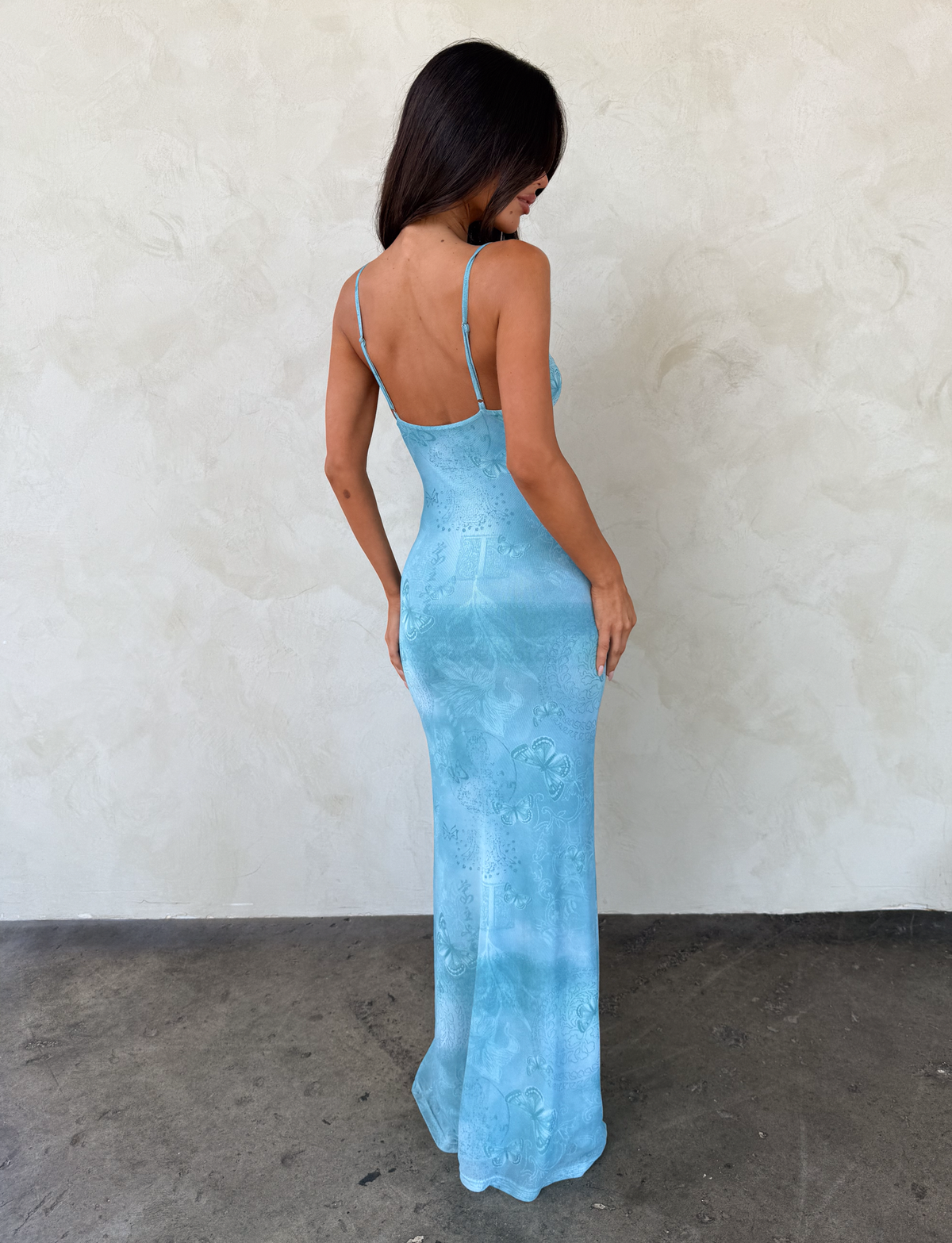 Spaghetti Strap Twist Front Diamond Cutout Butterfly Print Bodycon Maxi Dress