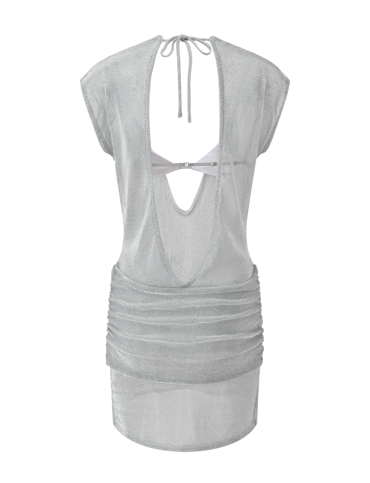 Deep V Neck Knot Front Ruched Metallic Lurex Mini Dress