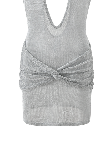 Deep V Neck Knot Front Ruched Metallic Lurex Mini Dress