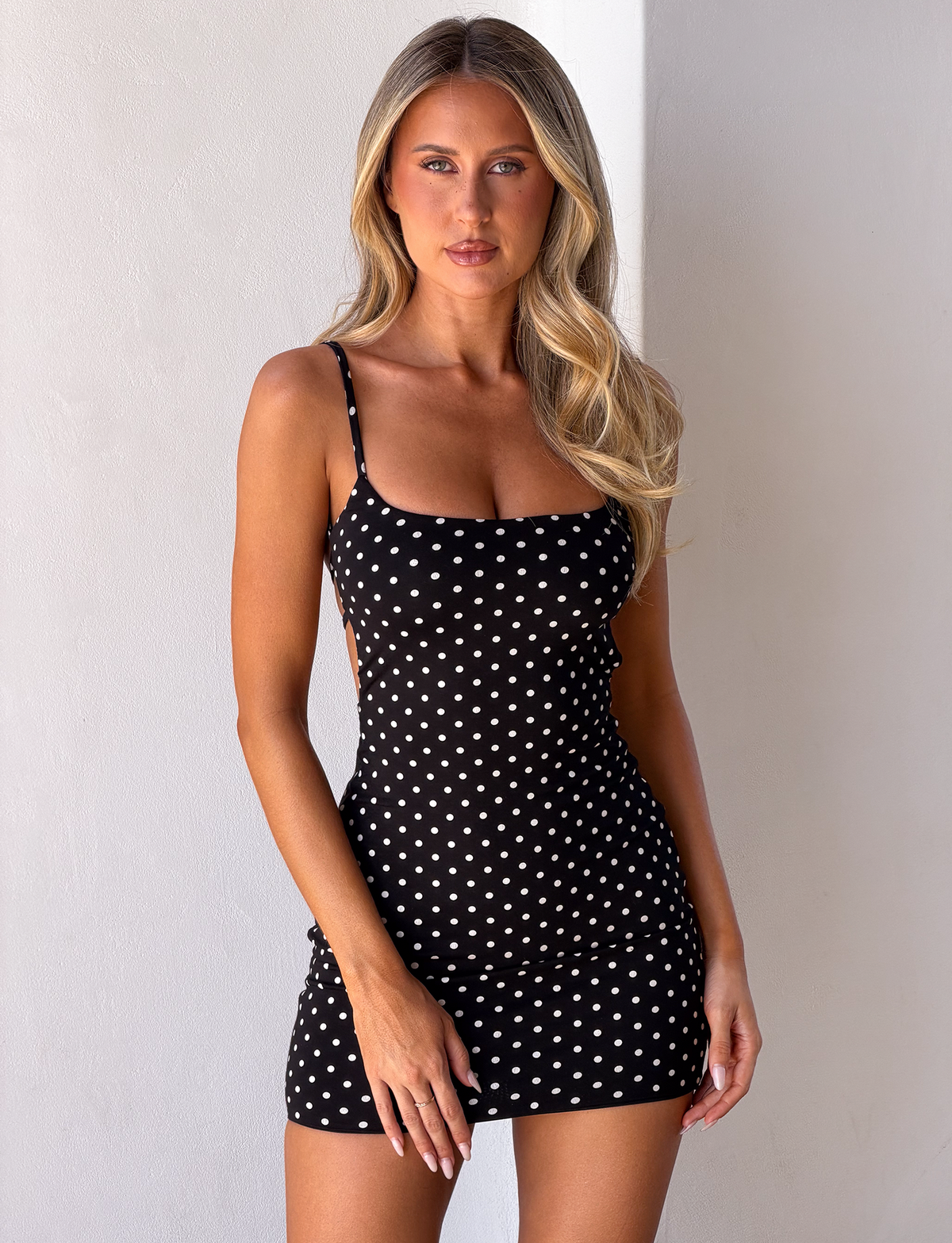 Polka Dot Square Neck Spaghetti Strap Side Cutout Strappy Back Bodycon Mini Dress