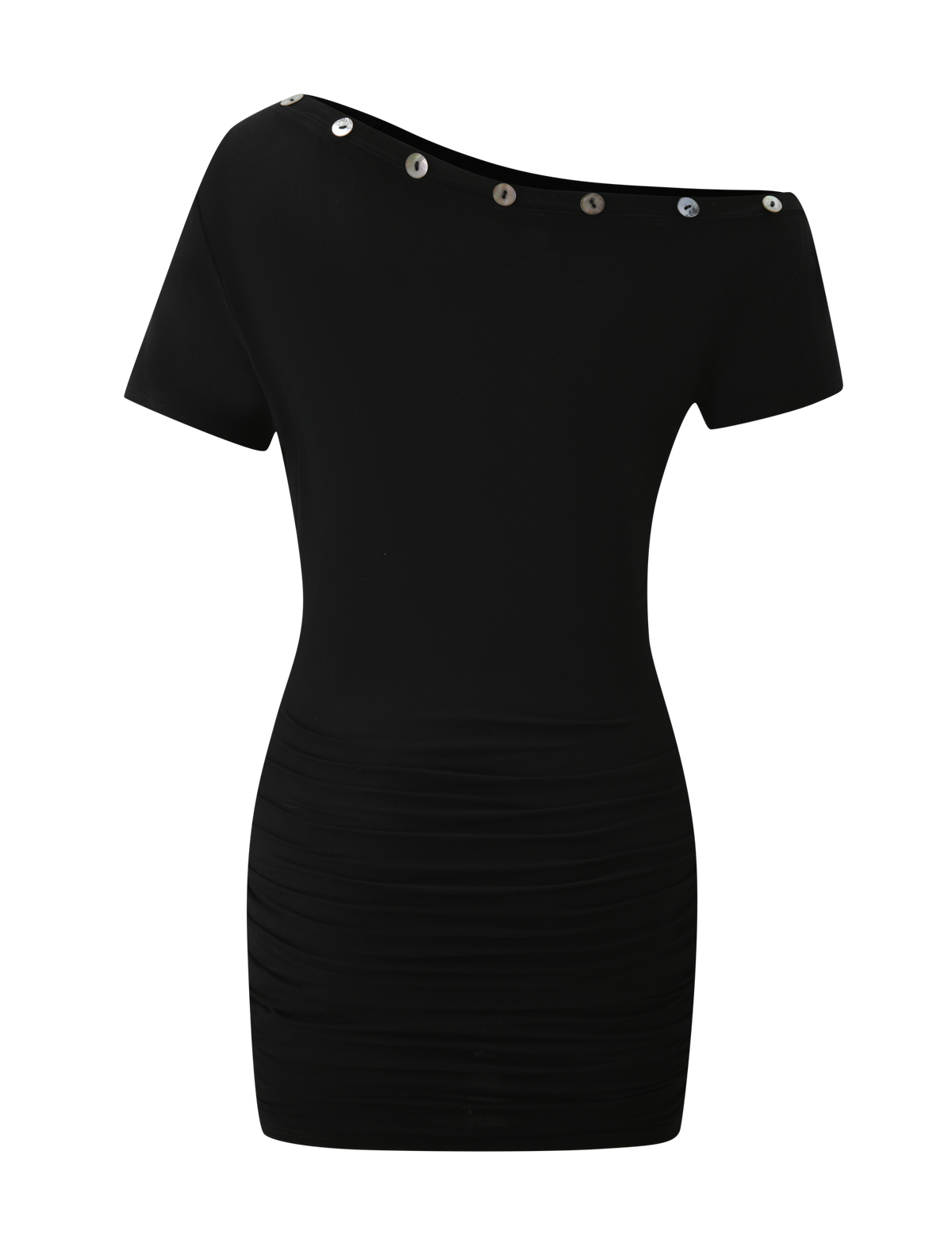 Asymmetric Neck Pearl Button Short Sleeve Side Ruched Mini Dress