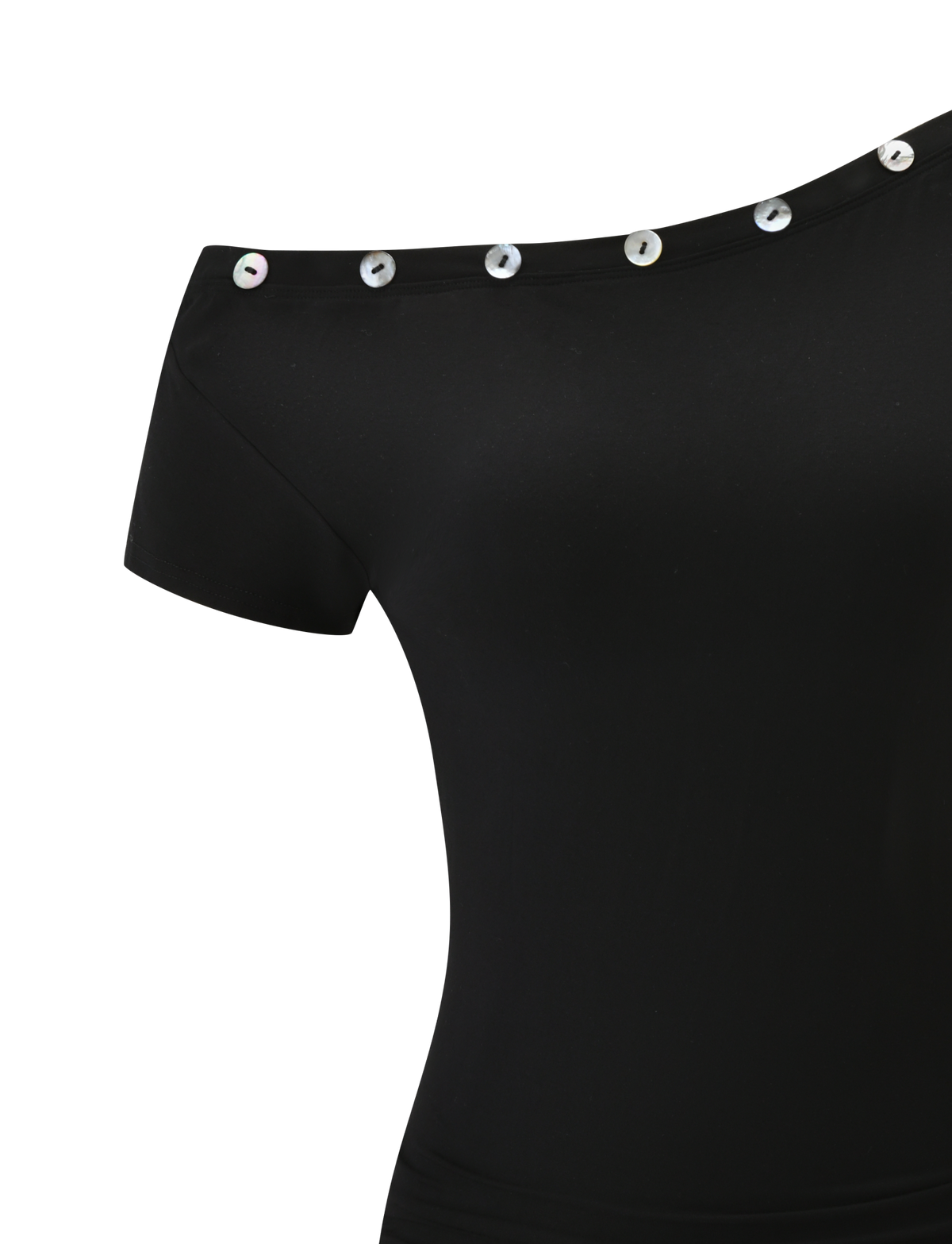 Asymmetric Neck Pearl Button Short Sleeve Side Ruched Mini Dress