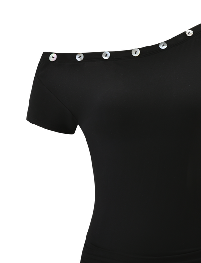 Asymmetric Neck Pearl Button Short Sleeve Side Ruched Mini Dress