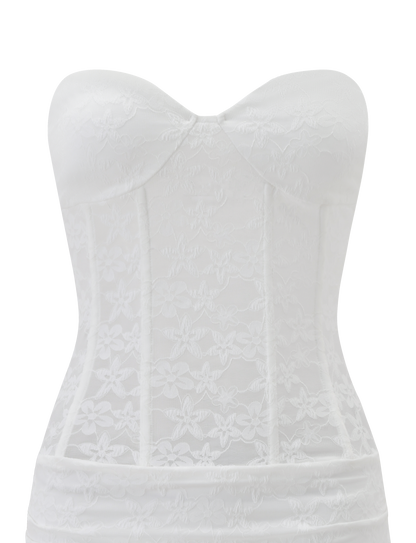 Strapless Floral Lace Corset Boning Ruched Bodycon Mini Dress