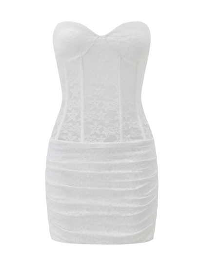Strapless Floral Lace Corset Boning Ruched Bodycon Mini Dress