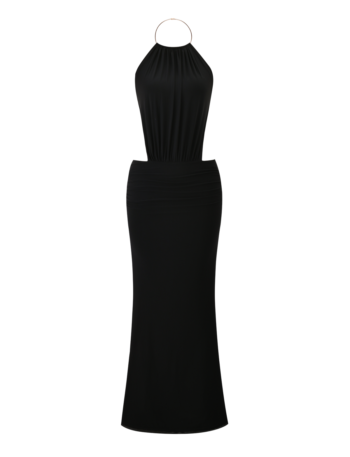 Halter Neck Side Waist Cutout Ruched Band Column Floor Length Maxi Dress