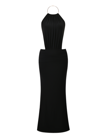 Halter Neck Side Waist Cutout Ruched Band Column Floor Length Maxi Dress