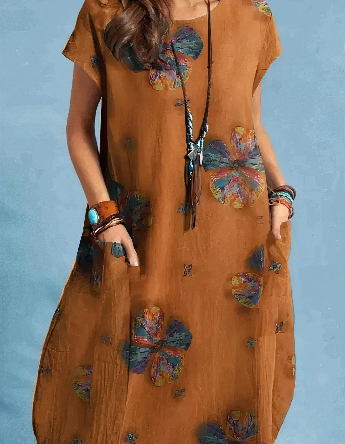 Botanical Floral Print Cap Sleeve Round Neck Pocket Shift Midi Dress